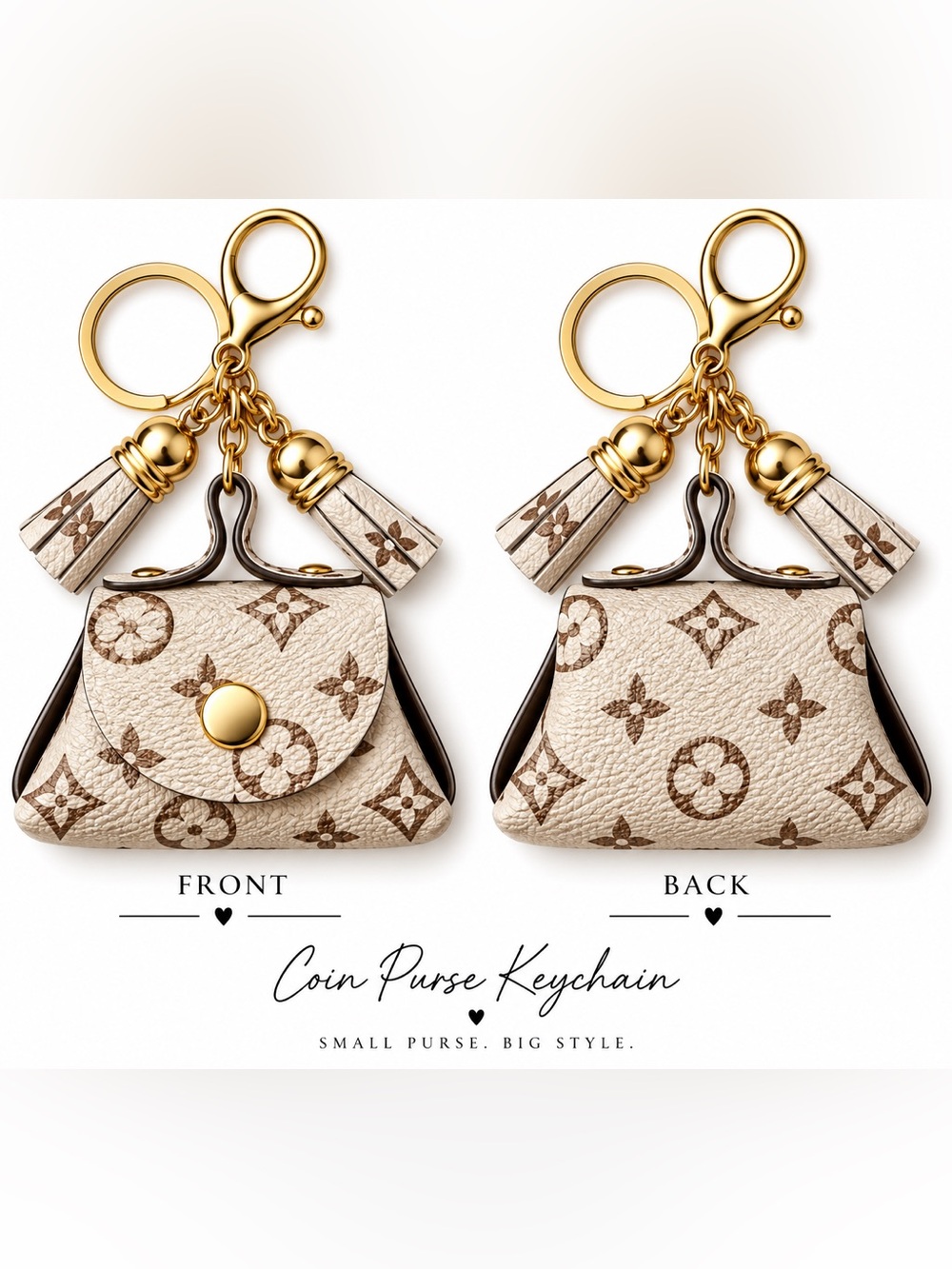 Luxury-Inspired Cream Monogram Coin Purse Keychain